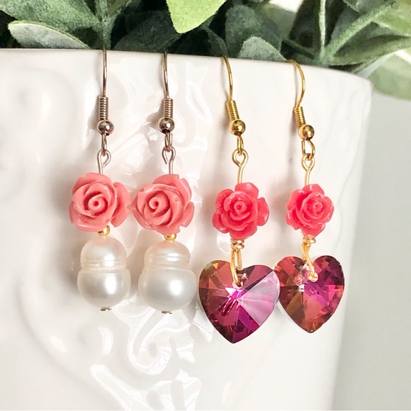 New Rose Prism Glass Crystal Heart Handmade Dangle Drop Earrings 18k Plated Hook - Picture 6 of 7
